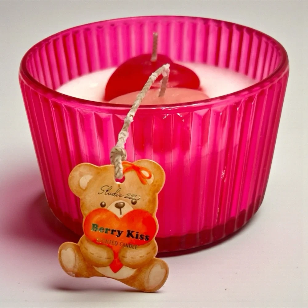Coquette Heart Candle Pink Glass Jar Teddy Bear Charm NWT